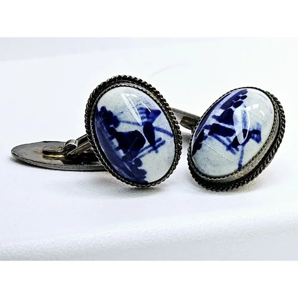 Unbranded Other - Vintage 835 Silver & Ceramic [Windmill/Countryside] Cufflinks (Tarnished)